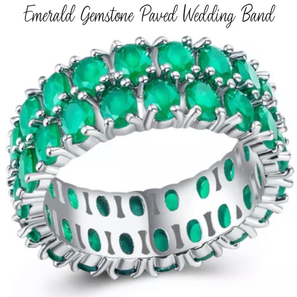 Exceptional Double Row Emerald Gemstone Paved Eternity Band - Picture 6 of 7